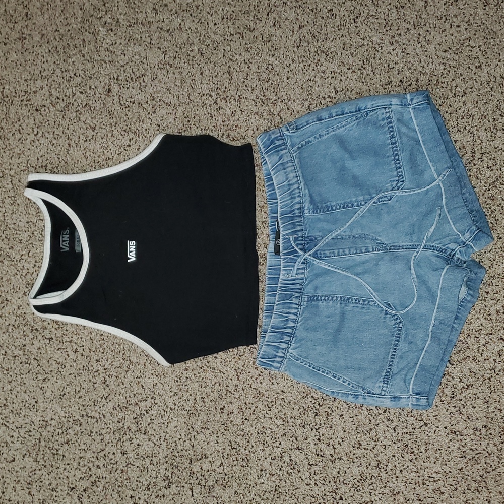 Volcom Surf Blue Denim Jean Shorts & Vans Crop Tank Top Built In Sport Bra